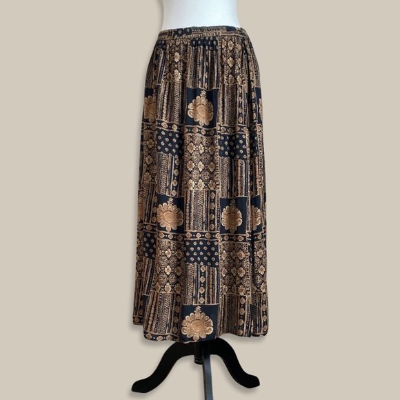 Chaus Black and Brown Tribal Print Flowy Rayon Maxi Skirt - Picture 6 of 7